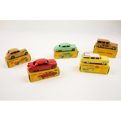 346 - 5 Dinky Toys. Triumph 1800 Saloon (151), fawn. Ford Fordor Sedan (170), red. Studebaker Land Cruiser... 