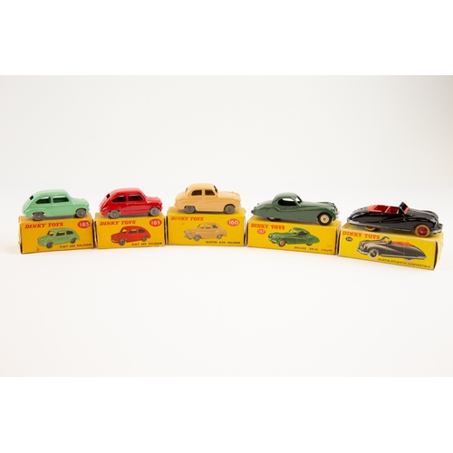 347 - 5 Dinky toys. To include No.106 Austin Atlantic convertible in black with red interior, red wheel hu... 