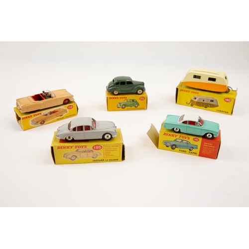 348 - 5 Dinky Toys. Ford Capri (143) in turquoise with white roof with red interior. A Packard Convertible... 