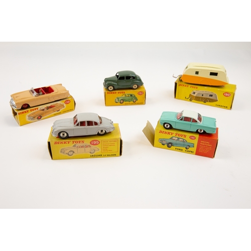 348 - 5 Dinky Toys. Ford Capri (143) in turquoise with white roof with red interior. A Packard Convertible... 