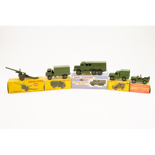 350 - 5 Dinky Military. A late issue Austin Champ (674) with green plastic wheels, with plastic steering w... 