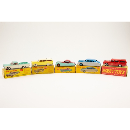 353 - 5 Dinky Toys. Jaguar XK120 Coupe (157), turquoise/cerise. Hudson Commodore Sedan (171), blue/grey. R... 