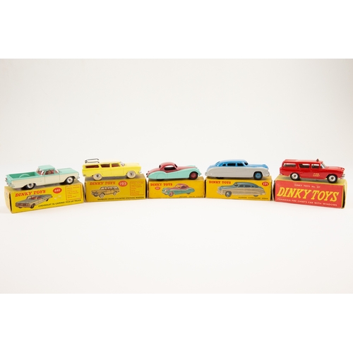 353 - 5 Dinky Toys. Jaguar XK120 Coupe (157), turquoise/cerise. Hudson Commodore Sedan (171), blue/grey. R... 