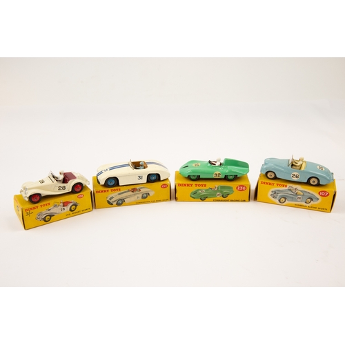 359 - 4 Dinky Toys. Sunbeam Alpine Sports (107). Light blue with cream interior. M.G. Midget Sports (108).... 