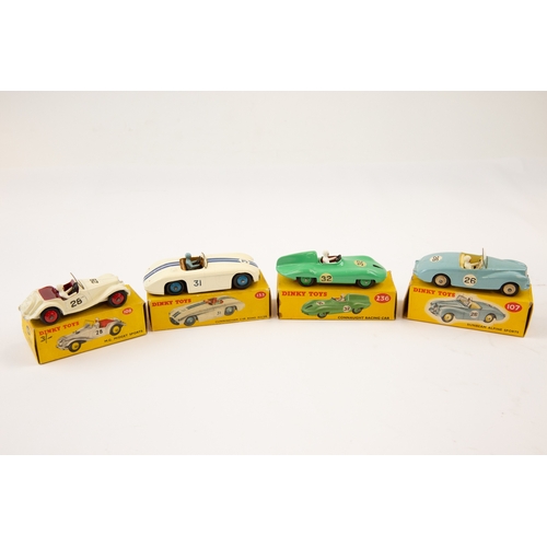 359 - 4 Dinky Toys. Sunbeam Alpine Sports (107). Light blue with cream interior. M.G. Midget Sports (108).... 