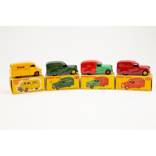 360 - 4 Dinky Toys. 3x Austin Vans, Shell (470), red & green, Nestles (471), red and Raleigh (472), green.... 