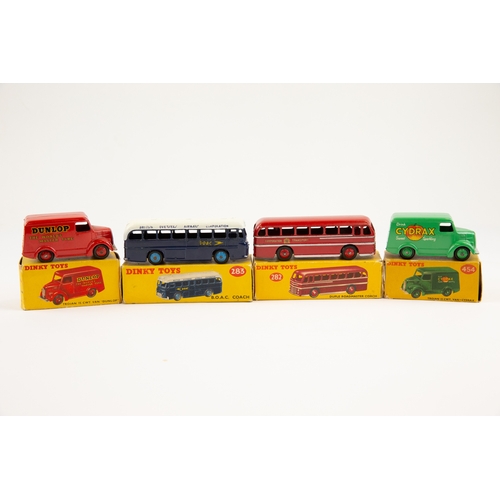 361 - 4 Dinky Toys.  Duple Roadmaster Coach (282), red. B.O.A.C. Coach (283), blue/white. 2x Trojan 15 cwt... 