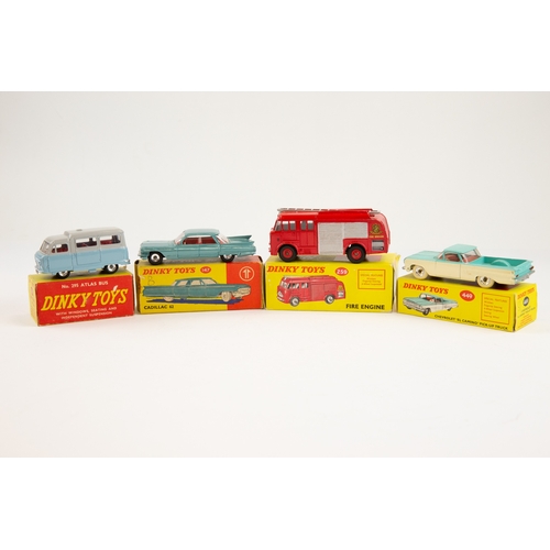 365 - 4 Dinky toys. To include No.295 Atlas bus in 2 tone grey and light blue, No.449 Chevrolet 