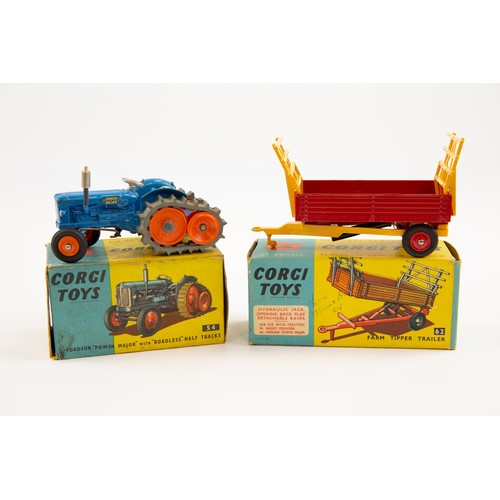 281 - 2 Corgi toys Farm related models. No.62 farm trailer with yellow body and red chassis, together with... 