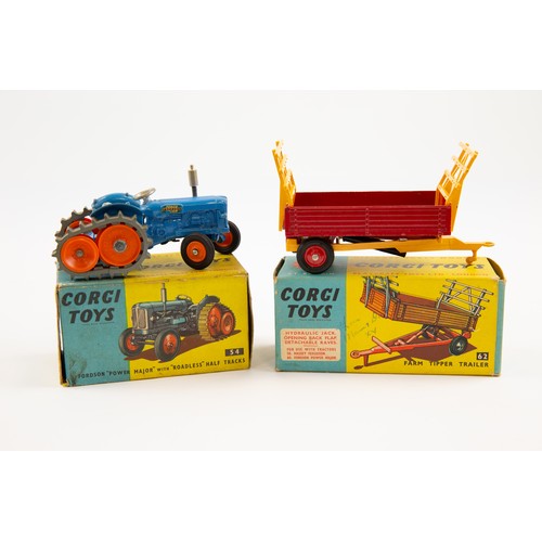 281 - 2 Corgi toys Farm related models. No.62 farm trailer with yellow body and red chassis, together with... 