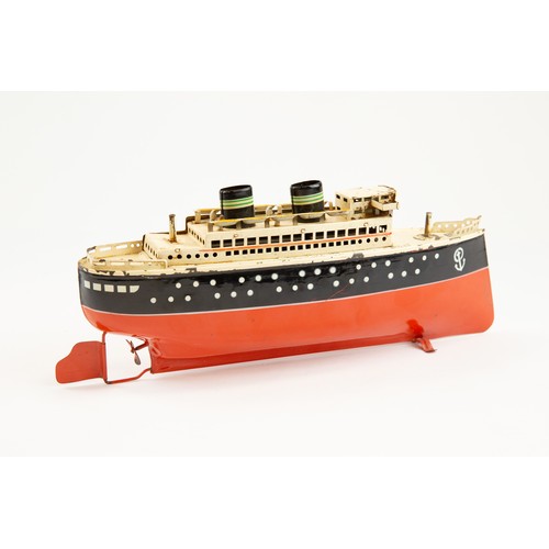 151 - An Arnold two funnelled Ocean Going Passenger Liner. 31.5cm hull, overall 34cm to tip of rudder, pai... 