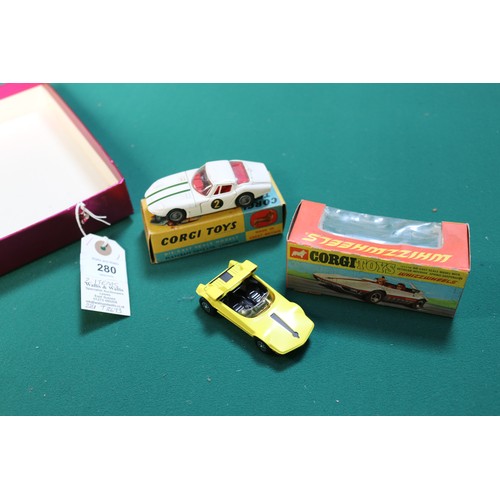 280 - 2 Corgi toys. No.386 Whizzwheels Bertone Runabout Barchetta, finished in yellow with black interior,... 