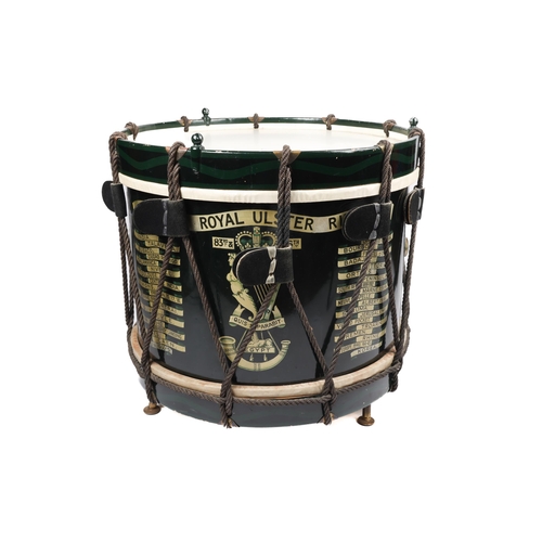 100 - A post WWII tenor drum of the 1st Battalion Royal Ulster Rifles, wood shell painted with 39 battle h... 