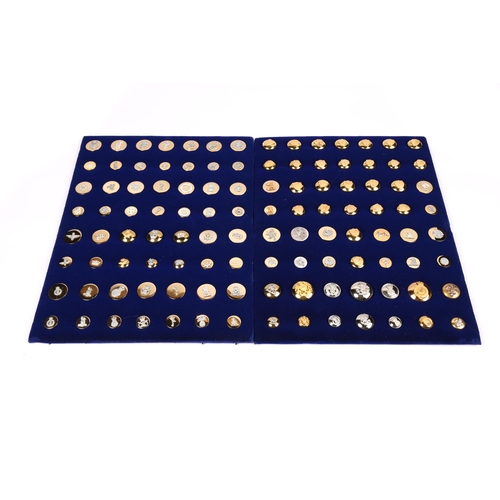 106 - Two button manufacturers blue velvet covered display boards, one with 56 frosted silver on flat gilt... 