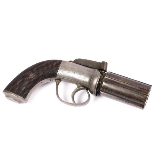 319 - A 6 barrelled 120 bore self cocking bar hammer percussion pepperbox revolver, 7½