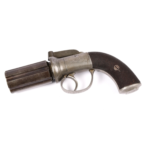 319 - A 6 barrelled 120 bore self cocking bar hammer percussion pepperbox revolver, 7½