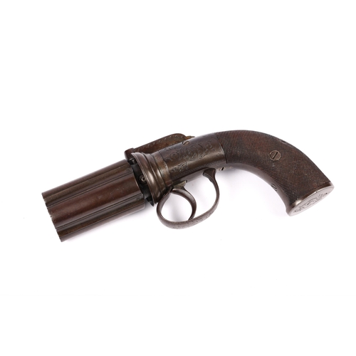 320 - A 4 barrelled 70 bore self cocking bar hammer percussion pepperbox revolver, 7½