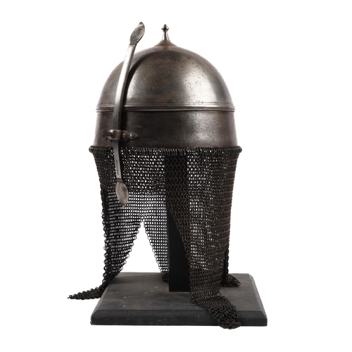 362 - A scarce late 19th century Khula Khud type steel helmet, with chain mail camail and single steel nas... 