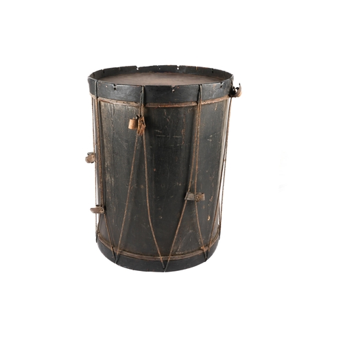 97 - A fine early tall side drum, possibly 17th century, black painted wood body 29