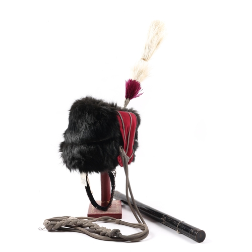 217 - A Victorian officer's sable busby of the Oxfordshire Hussars, silver braid trimmed crimson bag, silv... 