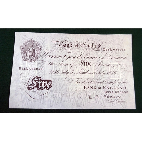 29 - Bank of England, white £5 note, dated July 1956 and signed L.K. O'Brien, GEF, minimal creasing and q... 