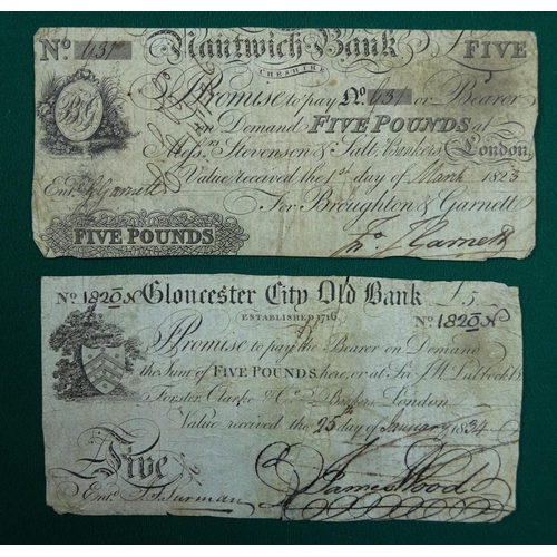 30 - Currency notes (4): Nantwich Bank, Cheshire, £5 note, dated 1st March 1823, no 931; Gloucester City ... 