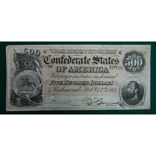 32 - Confederate States of America: currency notes of 1864 (5) comprising: 500 dollars, bearing portrait ... 