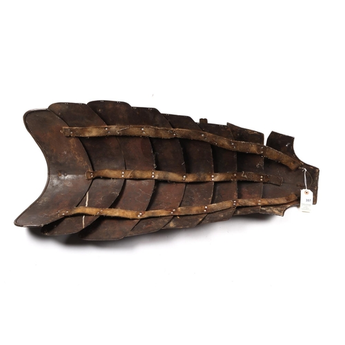 357 - A neck guard from a reproduction horse armour, consisting of eight lames, with turned over edges and... 