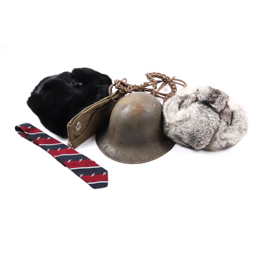 223 - 2 Russian fur caps, 2 steel helmets, various uniform items including berets, shirts, gilt bullion ca... 