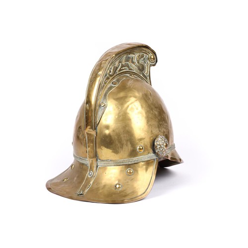 363 - A Merryweather type fireman's brass helmet, QGC (light denting and lining wear). £200-250