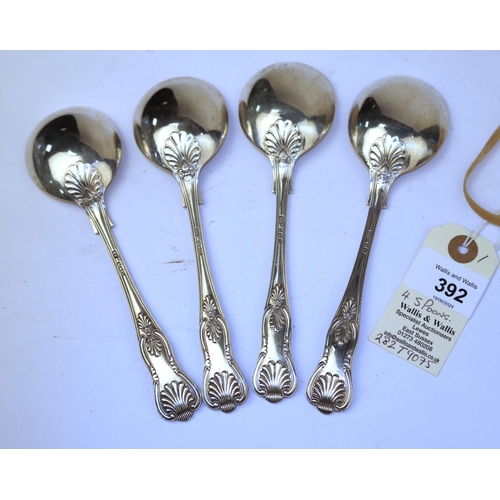 392 - 4 silver 925 hallmarked soup spoons. Each measures 23cm in length, total weight is about 250g. GC £8... 