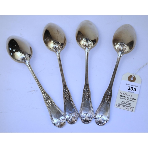 395 - 4 possibly German silver table spoons by J. Schumacher 800 grade silver. Each spoon measures 21cm in... 