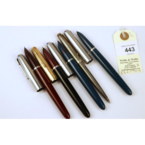 443 - 4 Parker Fountain Pens. Two in blue with silver coloured tops, one in maroon with silver top, plus o... 