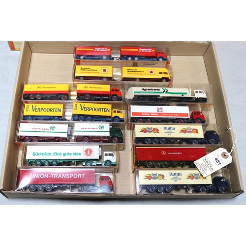 481 - 19 Wiking HO scale  Mercedes trucks, many with trailers and in different colours and liveries. All c... 