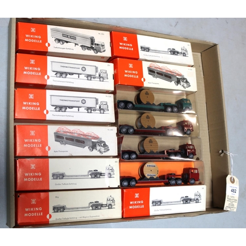 482 - 13 Wiking HO scale plastic model lorries and trucks, 9 are contained in an early version white & ora... 