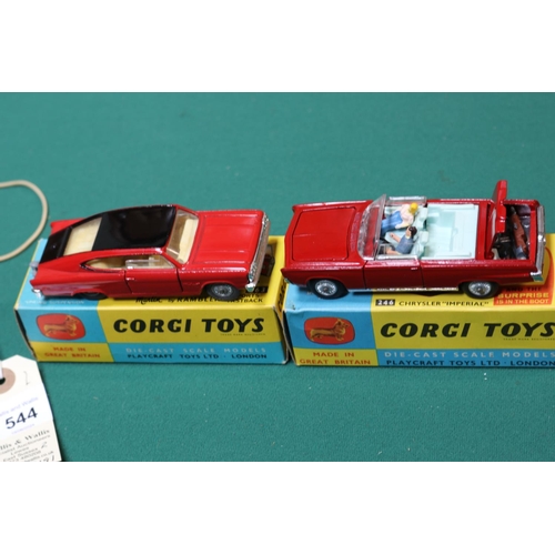 544 - 2 Corgi Toys. Chrysler Imperial (246), In red with pale blue interior, with driver and passenger, co... 