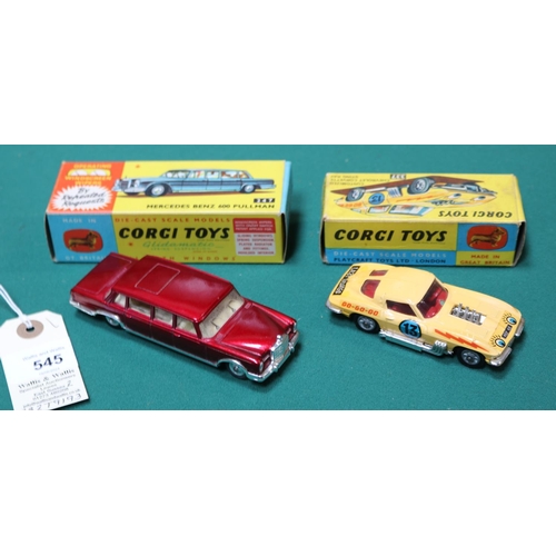 545 - 2 Corgi Toys. Mercedes Benz 600 Pullman (247). In metallic red  with cream interior, complete with 3... 