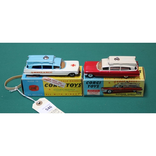 546 - 2 Corgi Toys Superior Ambulance on Cadillac Chassis (437). An example in while and light blue and an... 