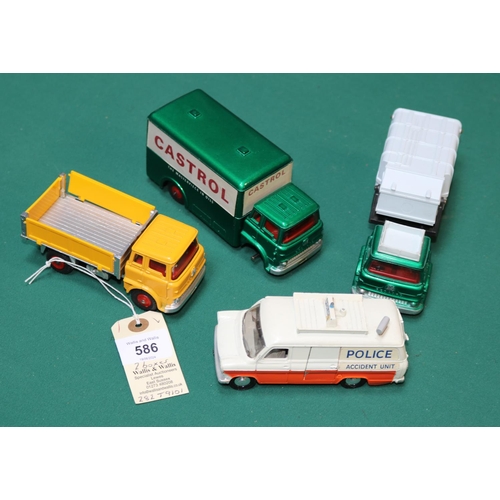 586 - 8 Dinky Toys. Bedford Tipping Wagon, Austin Lorry with tin tilt. Streamlined bus, Land Rover Breakdo... 