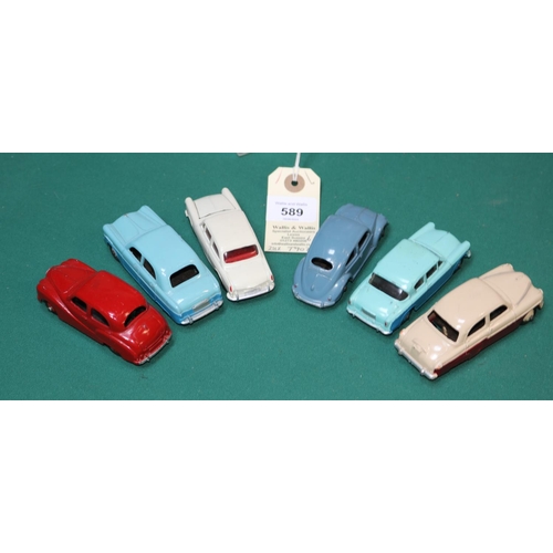 589 - 6 Dinky Toys. Vauxhall Cresta, red/cream. Austin Somerset, red. Sunbeam Rapier, blue/turquoise. Ford... 