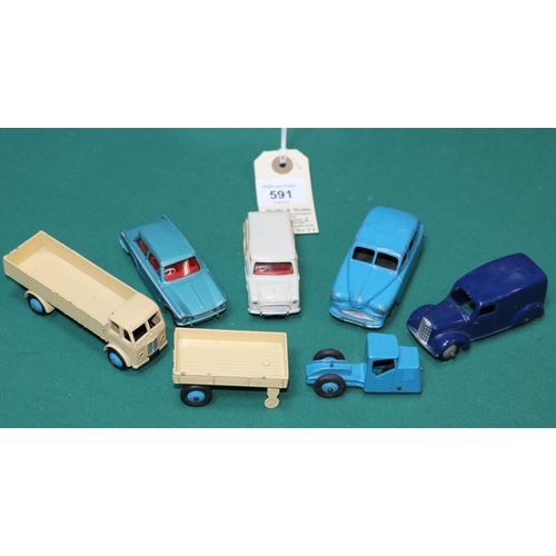 591 - 6 Dinky Toys, Morris Mini Traveller, cream. Standard Vanguard, blue/fawn wheels. Triumph Vitesse, me... 