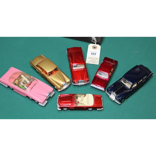 592 - 6 Dinky Toys. FAB 1 Rolls Royce in pink, Parker is missing. Rolls Royce Phantom V in very dark blue.... 