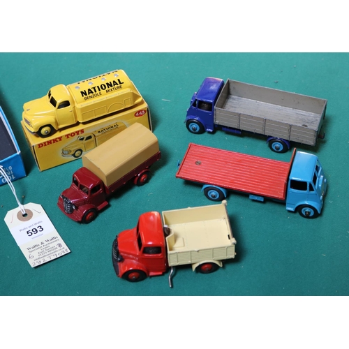 593 - 5 Dinky Toys. A Guy Flat Truck in light blue with red body and light blue wheels. A Bedford Tipping ... 