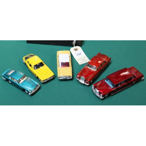 594 - 5 Dinky Toys. Mercedes-Benz 600 in metallic maroon. Rolls- Royce Silver Cloud III in metallic red. F... 