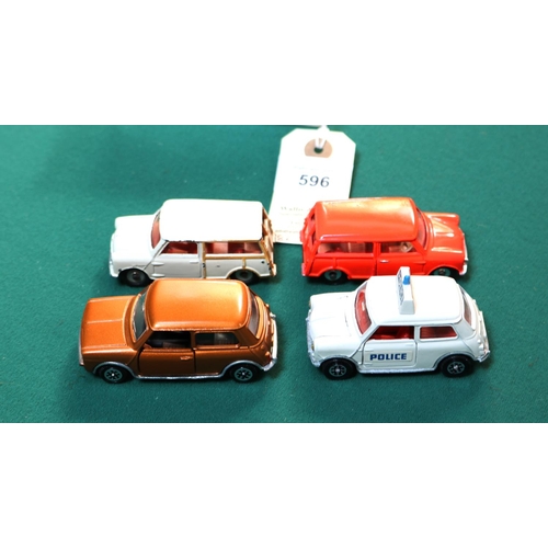 596 - 4 Dinky Toys Mini's. Austin Seven Countryman (199) in fluorescent orange with red interior. Morris M... 