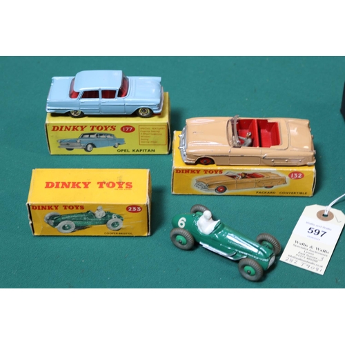 597 - 3 Dinky Toys. Cooper-Bristol Racing Car (233), in green, RN 6. Packard Convertible (132), in Pink wi... 