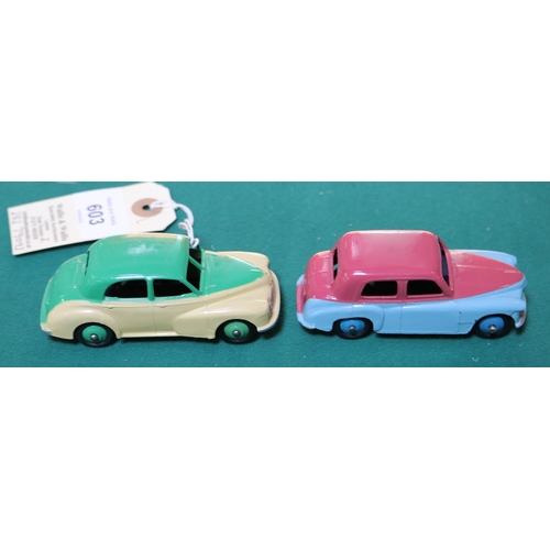 603 - 2 Dinky Toys. A Hillman Minx (154). With blue lower body, cerise upper body and blue wheels. A Morri... 