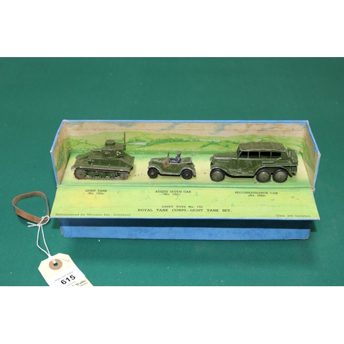 615 - Dinky Toys pre-war Royal Tank Corps-Light Tank Set No.152. Comprising Reconnaissance Car, Austin Sev... 