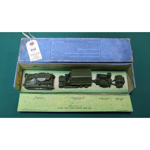 616 - A Dinky Toys Royal Tank Corps Medium Tank Set (151). Comprising Medium Tank, Transport Wagon, Cooker... 