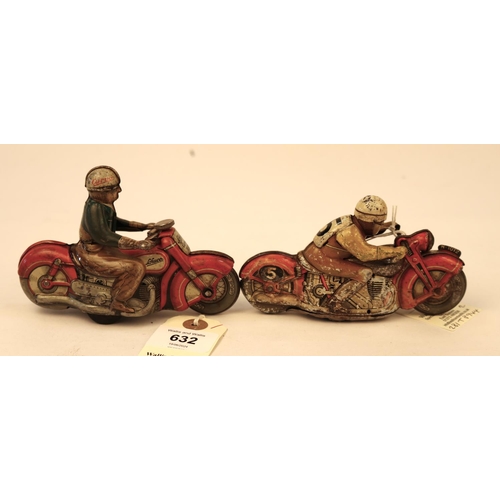 632 - Tinplate Schuco clockwork powered Motorcycle. Length 13cm, Schuco Curvo 1000. In red with civilian r... 